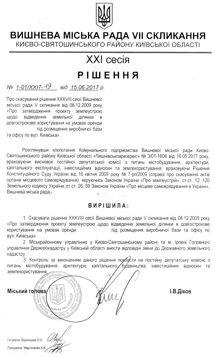 РІШЕННЯ ХХI СЕСІЇ VIІ СКЛИКАННЯ від 15.06.2017 року